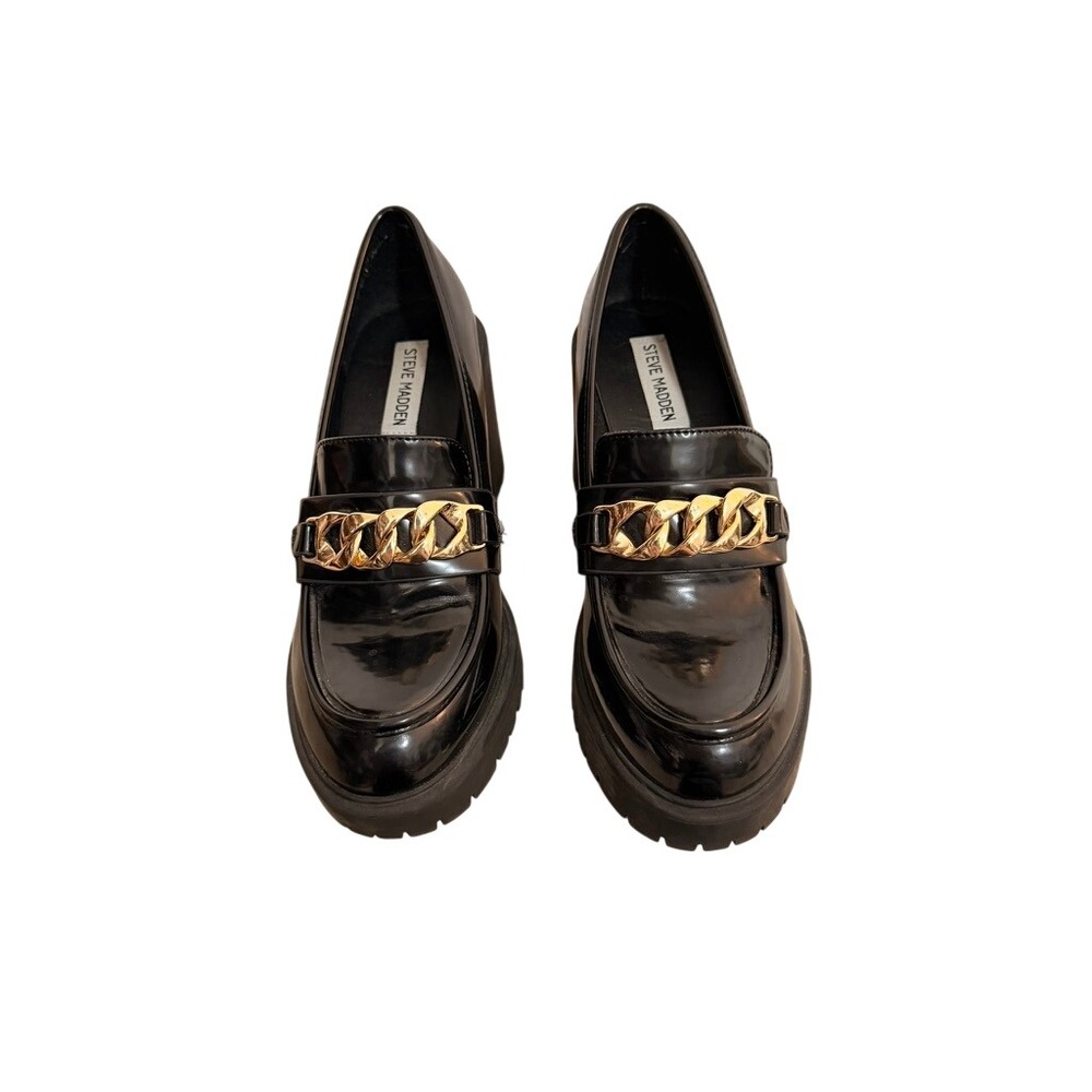 Steve Madden Black Patent Platform Chain Loafers Lug Sole Block Heel Shoes